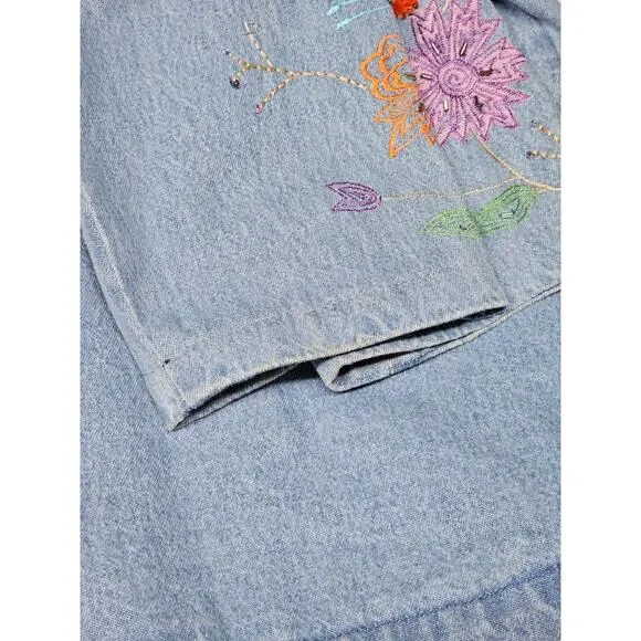 VTG Tantrums Embroidered Floral Denim Jacket Sz L Butterflies 90s Hippie Boho - Picture 16 of 16